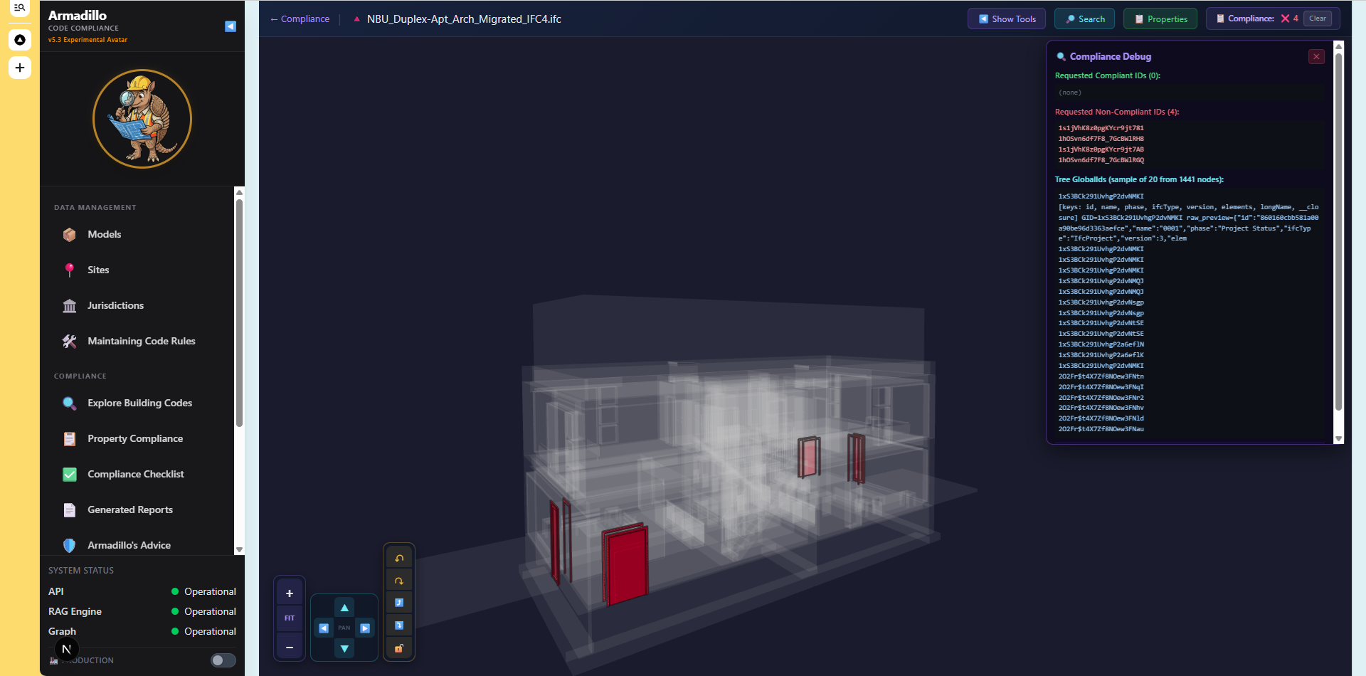 Armadillo 3D view showing failed compliance check elements